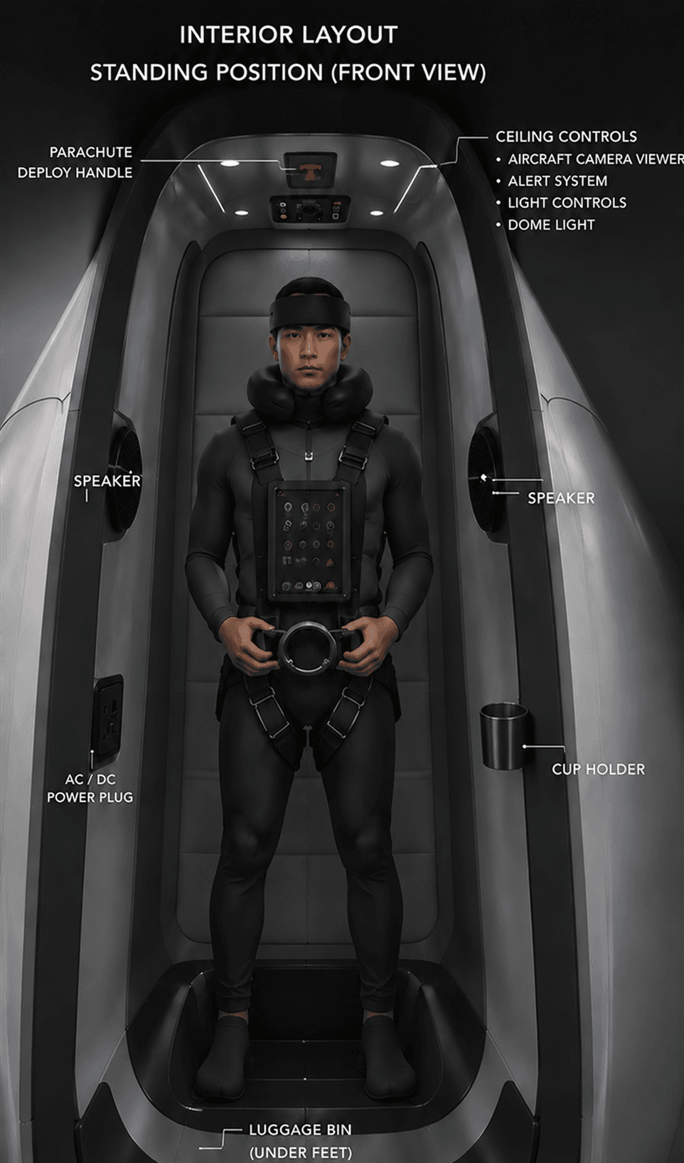 EVRY Flight interior layout — cabin seating and restraint configuration